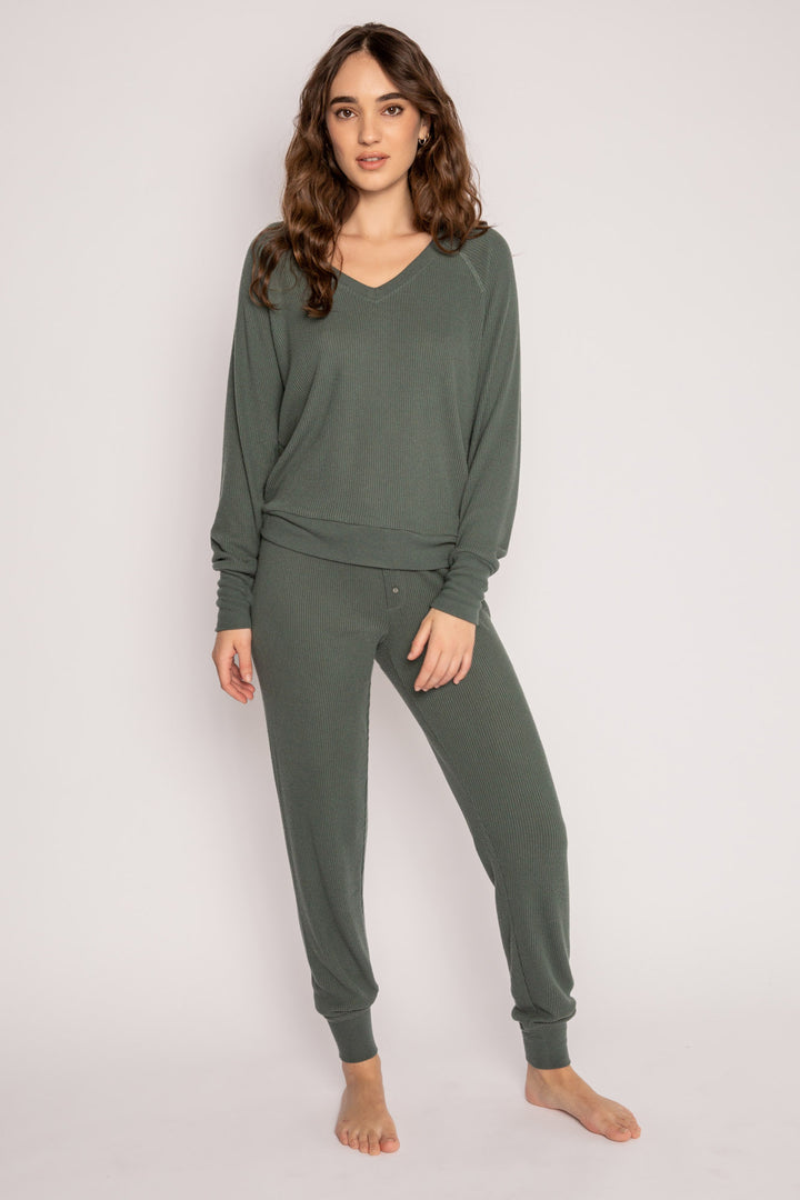 Green jammie set in 2x2 peachy rib with a slim fit jammie pant & V-neck long sleeve top. (7199532056676)