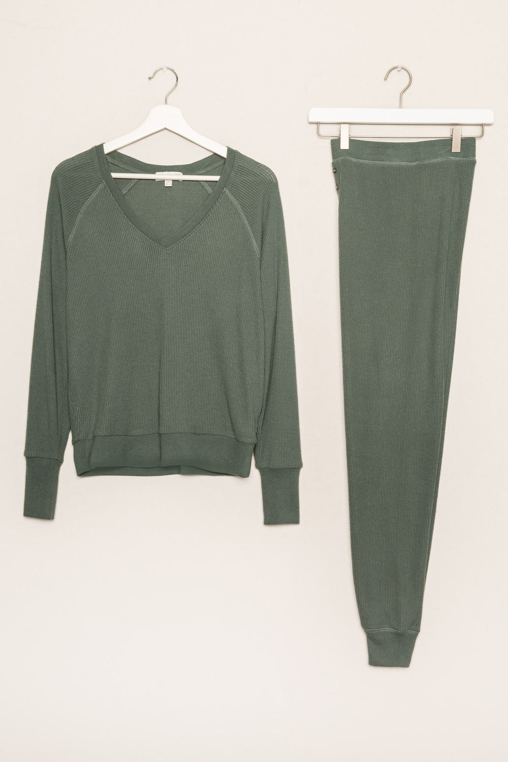 Green jammie set in 2x2 peachy rib with a slim fit jammie pant & V-neck long sleeve top. (7199532056676)
