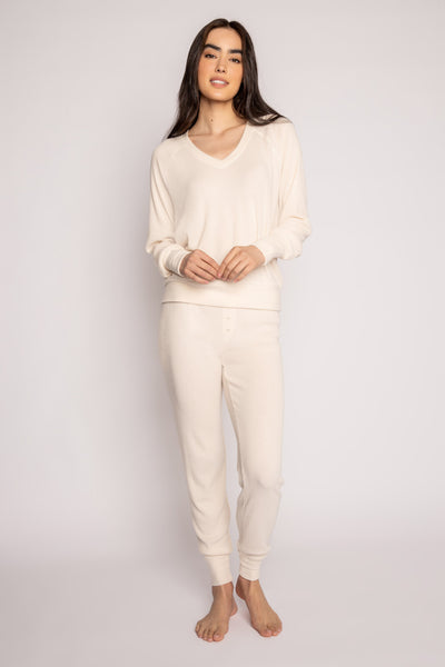 Ivory jammie set in 2x2 peachy rib with a slim fit jammie pant & V-neck long sleeve top. (7199532220516)