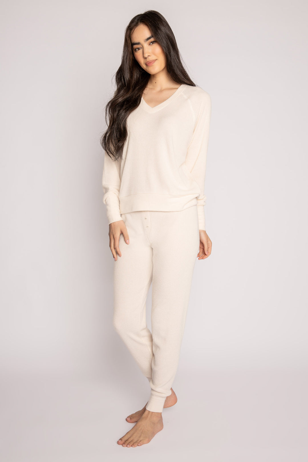 Ivory jammie set in 2x2 peachy rib with a slim fit jammie pant & V-neck long sleeve top. (7199532220516)