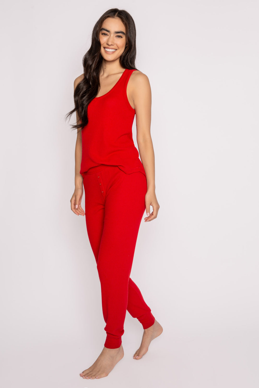 Ribbed red V-neck tank top & jammie pant in soft peachy 2x2 rib (7204728766564)