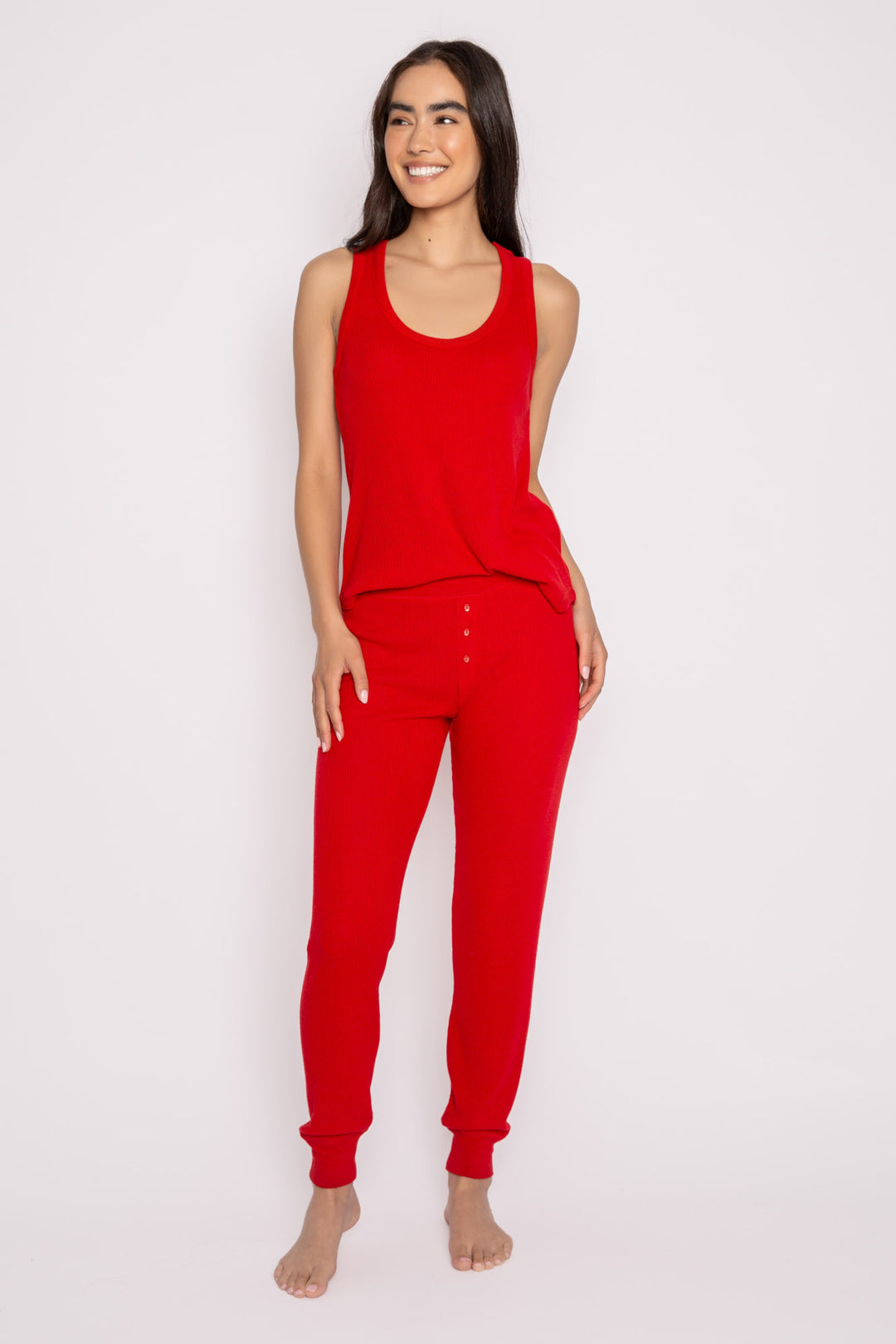 Ribbed red V-neck tank top & jammie pant in soft peachy 2x2 rib (7204728766564)