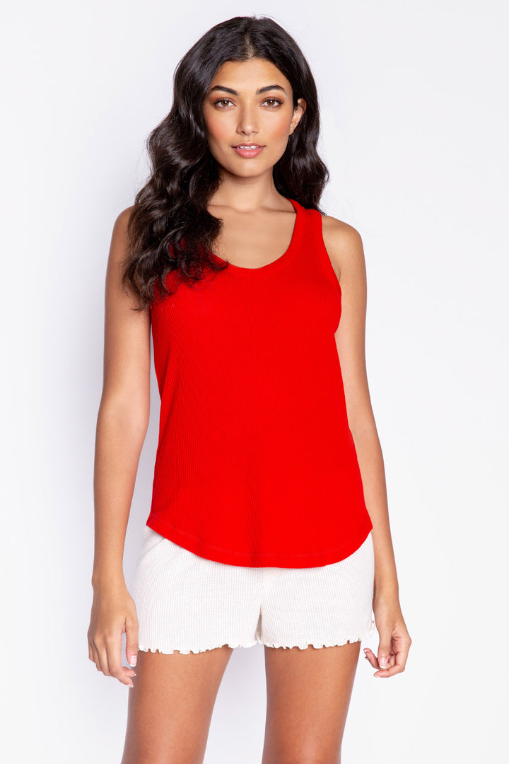 Red rib rounded V-neck tank top. Soft 2x2 peachy rib, relaxed fit. (6589285990500)