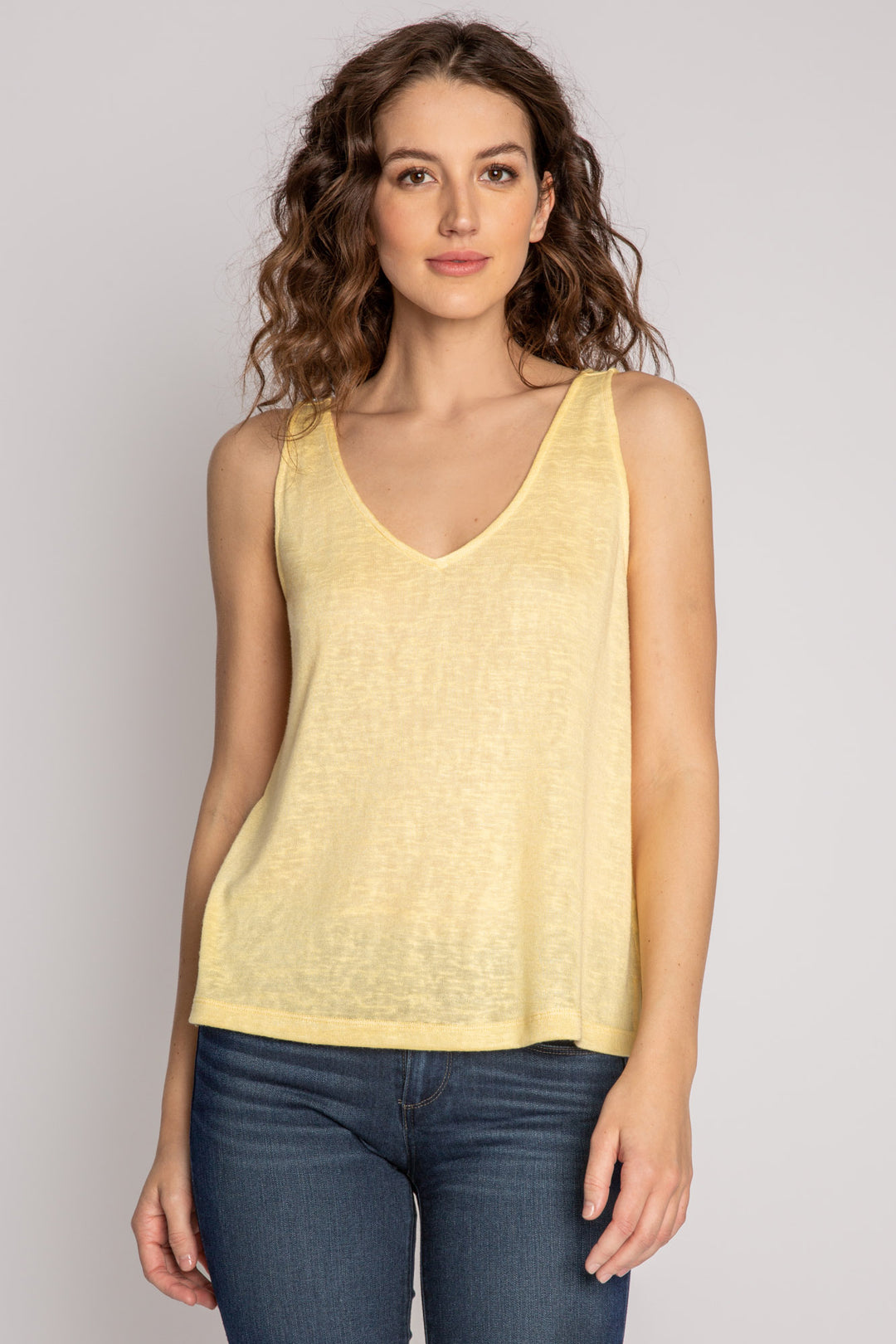 Yellow V-neck front & back tank in modal-linen jersey fabric with words to live by on neck taping. (7181445300324)