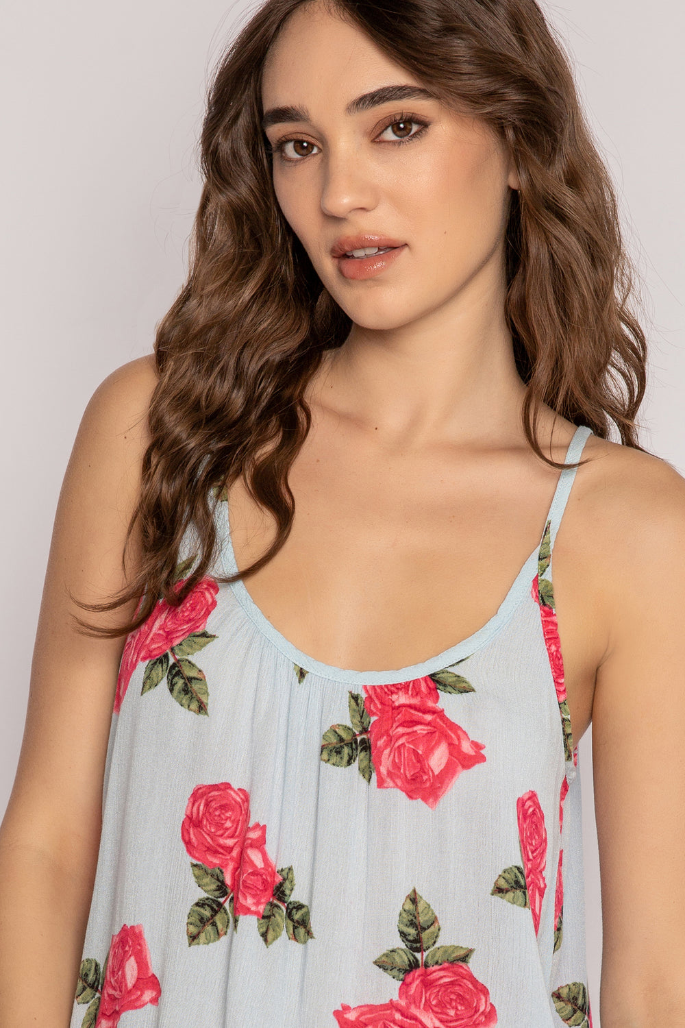 Rose-printed blue gauze flowy fit cami top with light blue straps. (7181446742116)