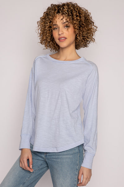 Light blue long sleeve raglan t-shirt in cotton jersey. With raw edged searms & relaxed fit. (7196188508260)