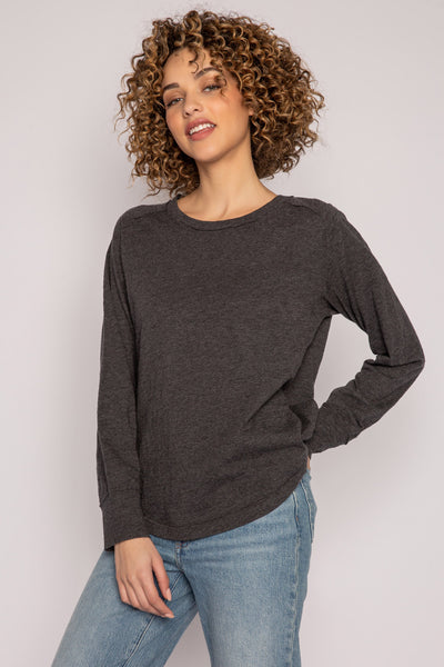 Dark grey long sleeve raglan t-shirt in cotton jersey. With raw edged searms & relaxed fit. (7196188573796)