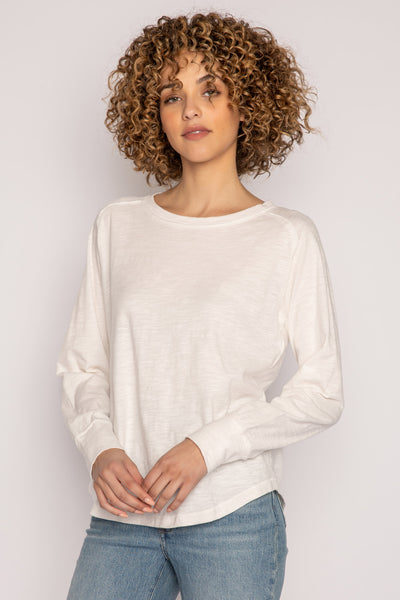 Ivory long sleeve raglan t-shirt in cotton jersey. With raw edged searms & relaxed fit. (7196188541028)