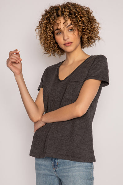 Soft, V-neck short sleeve t-shirt in dark grey cotton jersey. With Mini chest pocket & relaxed fit. (7196188704868)