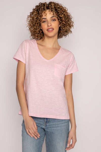 Soft, V-neck short sleeve t-shirt in pink cotton jersey. With Mini chest pocket & relaxed fit. (7196188737636)