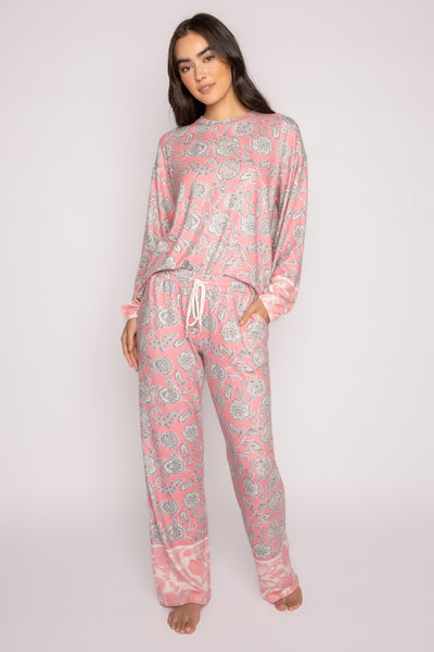 Matching lounge top + pant in rose-tapestry pattern. Open leg pant with pockets & border print at hem. (7231864078436)