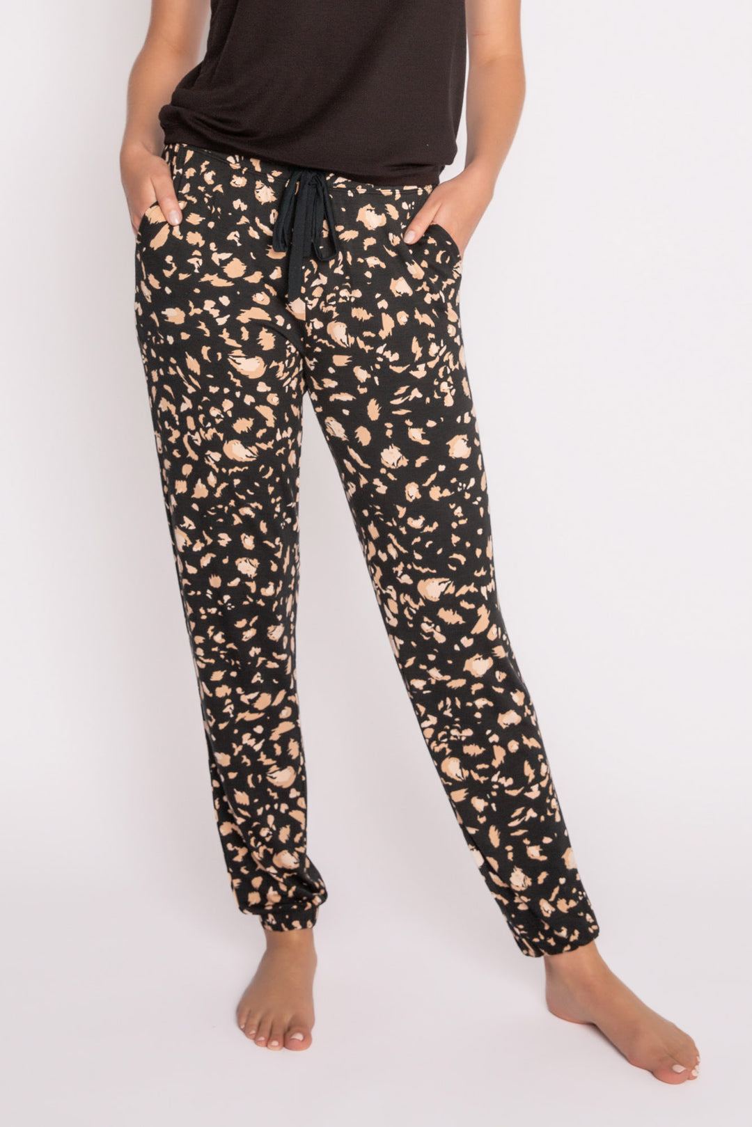 Luxe cheetah-print pajama jogger pant n black-camel on modal jersey. Tie waist. (7231864340580)