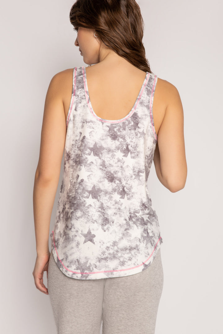 Scoop neck tank top with racer-back. Soft peachy jersey in ivory-black tie-dye star print. (7196189032548)