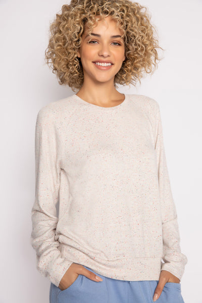 Ivory pullover lounge top in a multi confetti-flecked knit. Banded hem & sleeves. (7231864799332)
