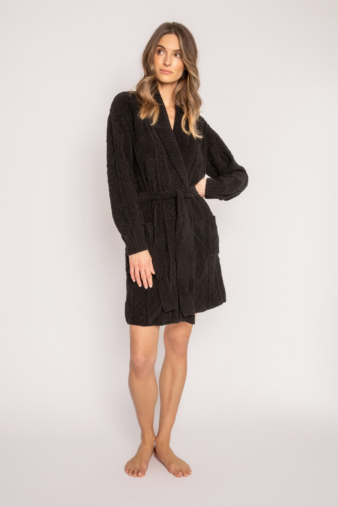 Cable-embossed plush robe in black cable with thick ribbed collar & tie. Front patch pockets & rib belted tie. (7231865028708)