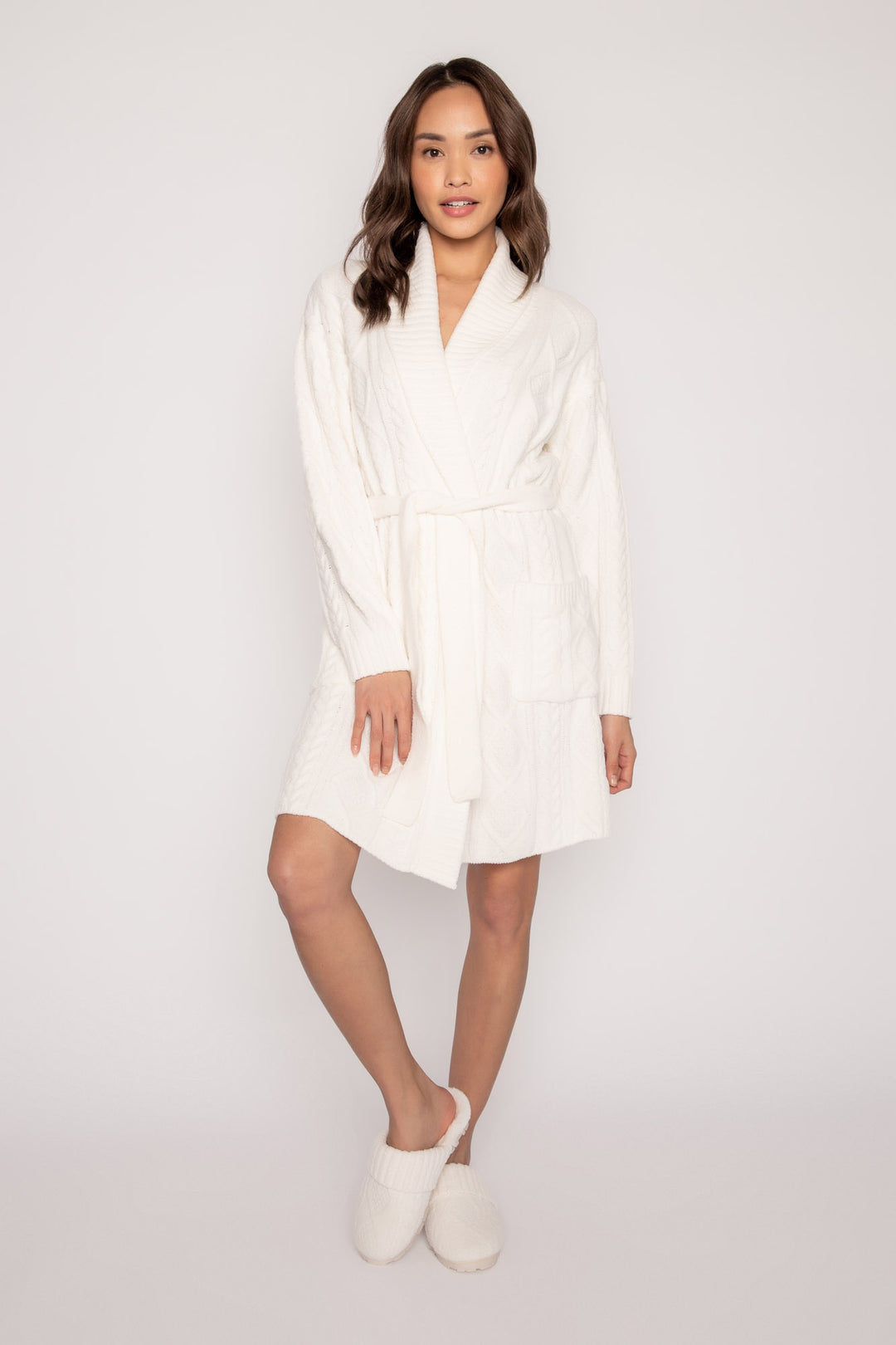 Cable-embossed plush robe in ivory cable with thick ribbed collar & tie. Front patch pockets & rib belted tie. (7231865127012)