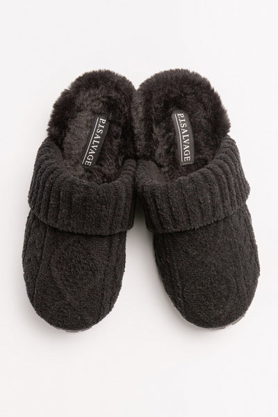Cable-embossed slipper in black with ribbed trim & curly faux fur footbed lining. Rubber outsole. (7231865192548)