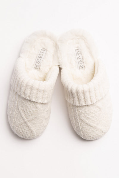 Cable-embossed slipper in ivory with ribbed trim & curly faux fur footbed lining. Rubber outsole. (7231865225316)