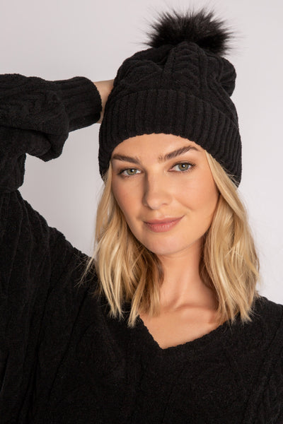 Black cable-textured chenille sweater knit beanie with top faux fur pom pom. (7231865356388)