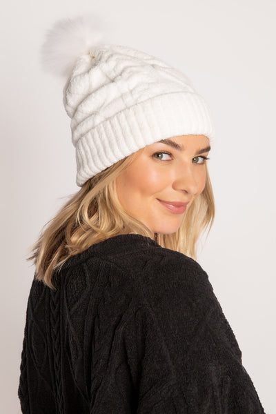 Ivory cable-textured chenille sweater knit beanie with top faux fur pom pom. (7231865421924)