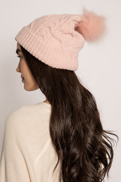 Pink cable-textured chenille sweater knit beanie with top faux fur pom pom. (7231865454692)