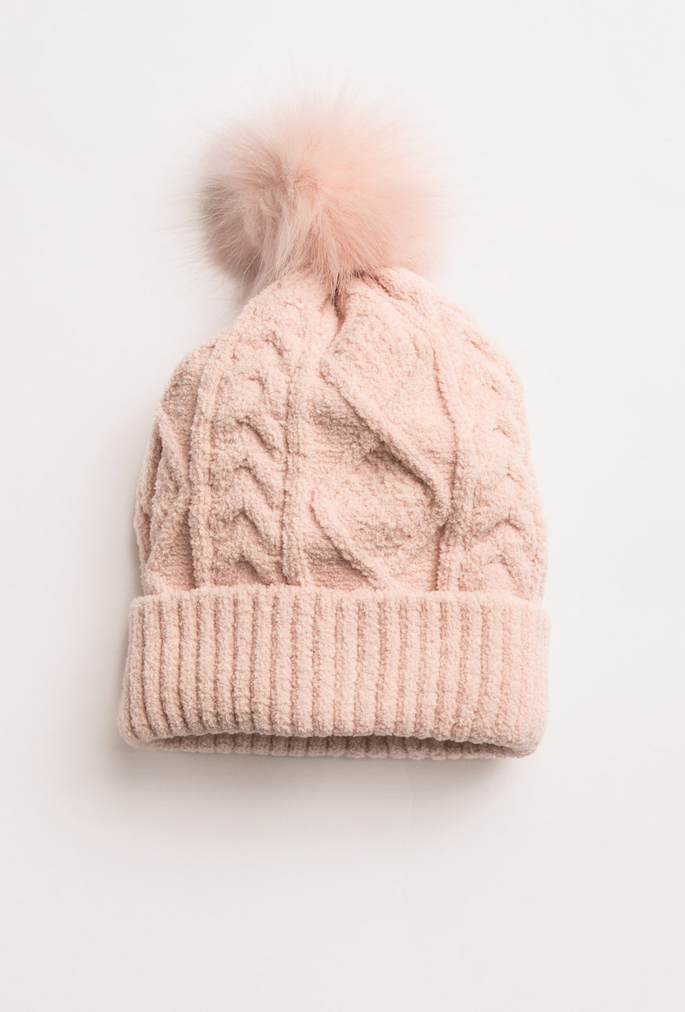 Pink cable-textured chenille sweater knit beanie with top faux fur pom pom. (7231865454692)