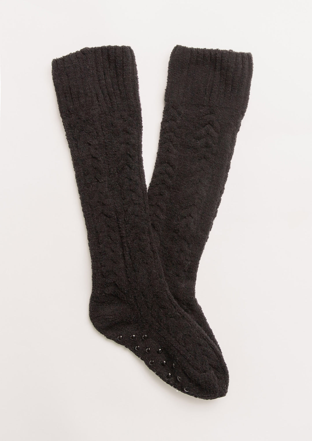 Cozy knee socks in black cable-textured chenille with bottom grippers for non-slip feet. (7231865487460)