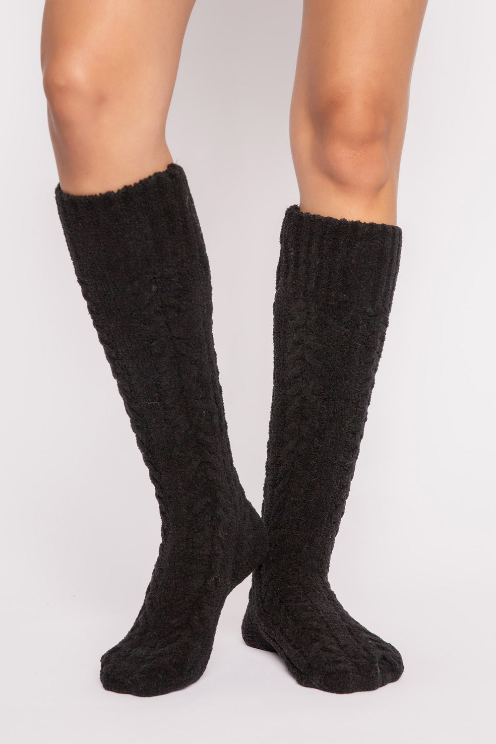 Cozy knee socks in black cable-textured chenille with bottom grippers for non-slip feet. (7231865487460)
