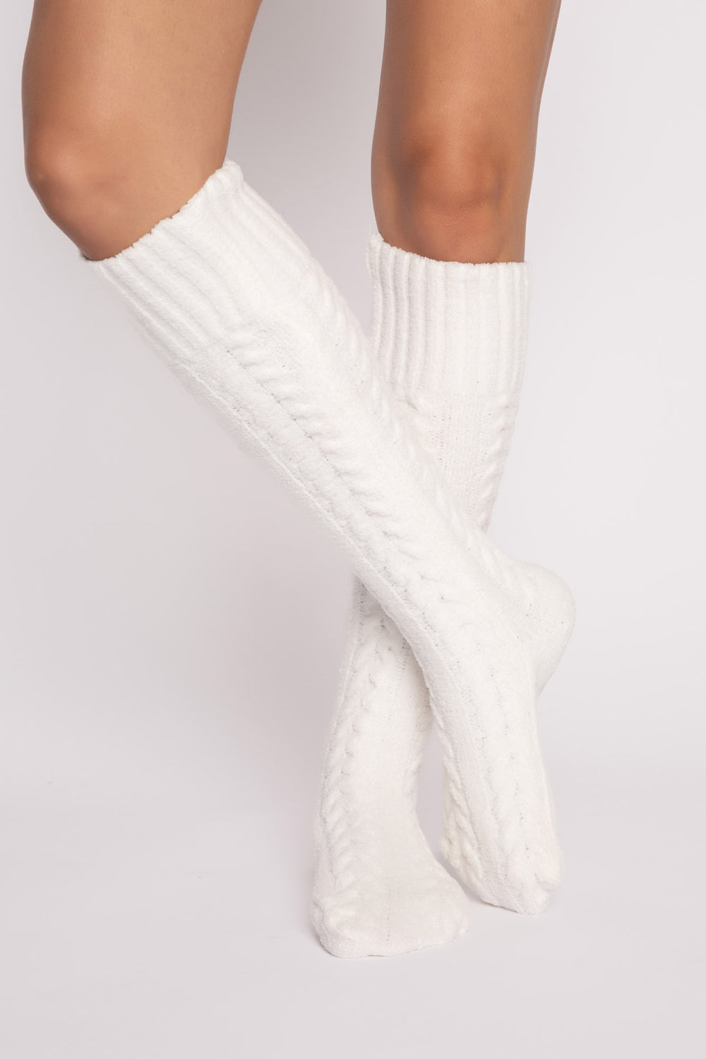 Cozy knee socks in ivory cable-textured chenille with bottom grippers for non-slip feet. (7231865520228)