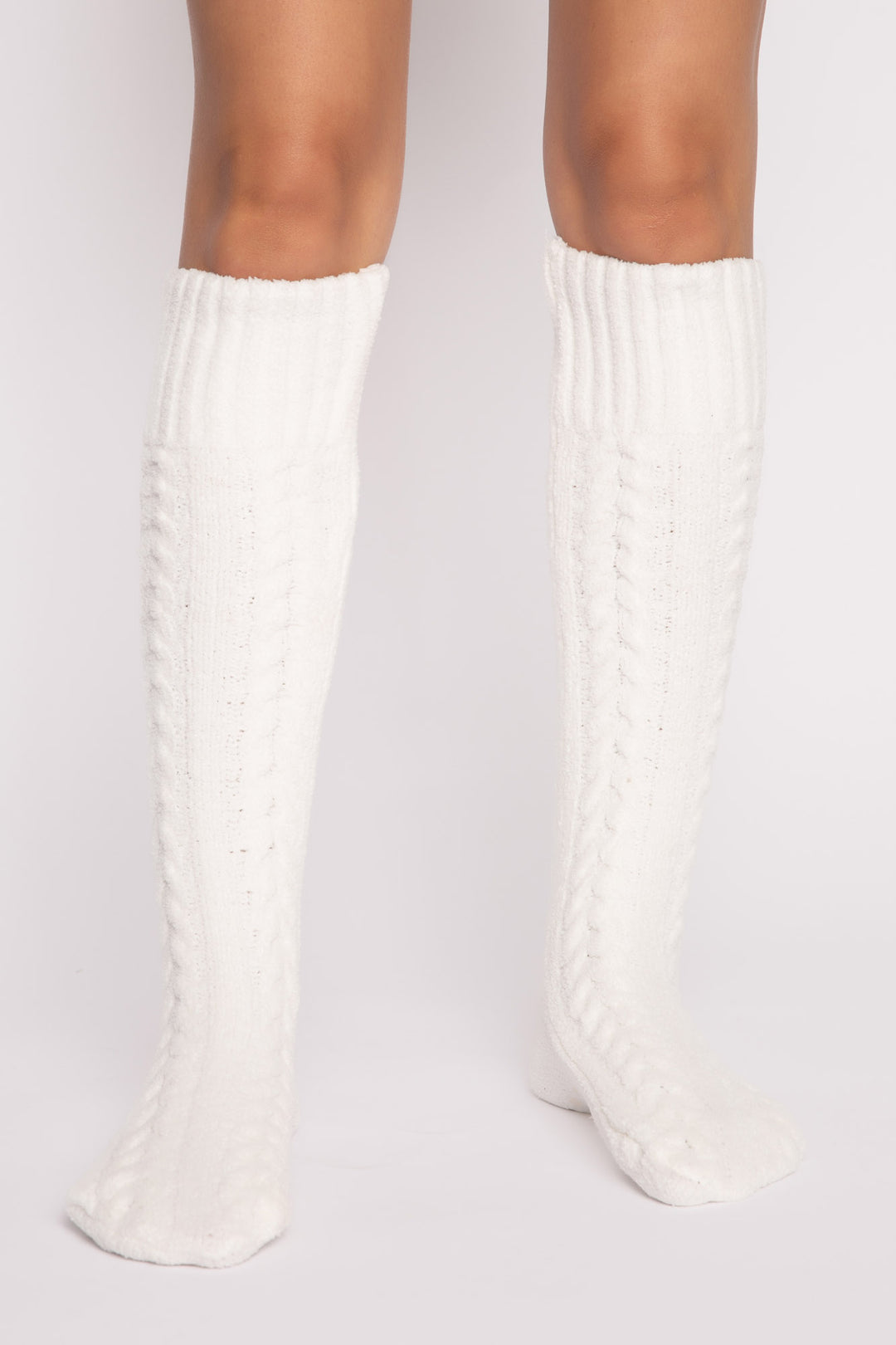 Cozy knee socks in ivory cable-textured chenille with bottom grippers for non-slip feet. (7231865520228)