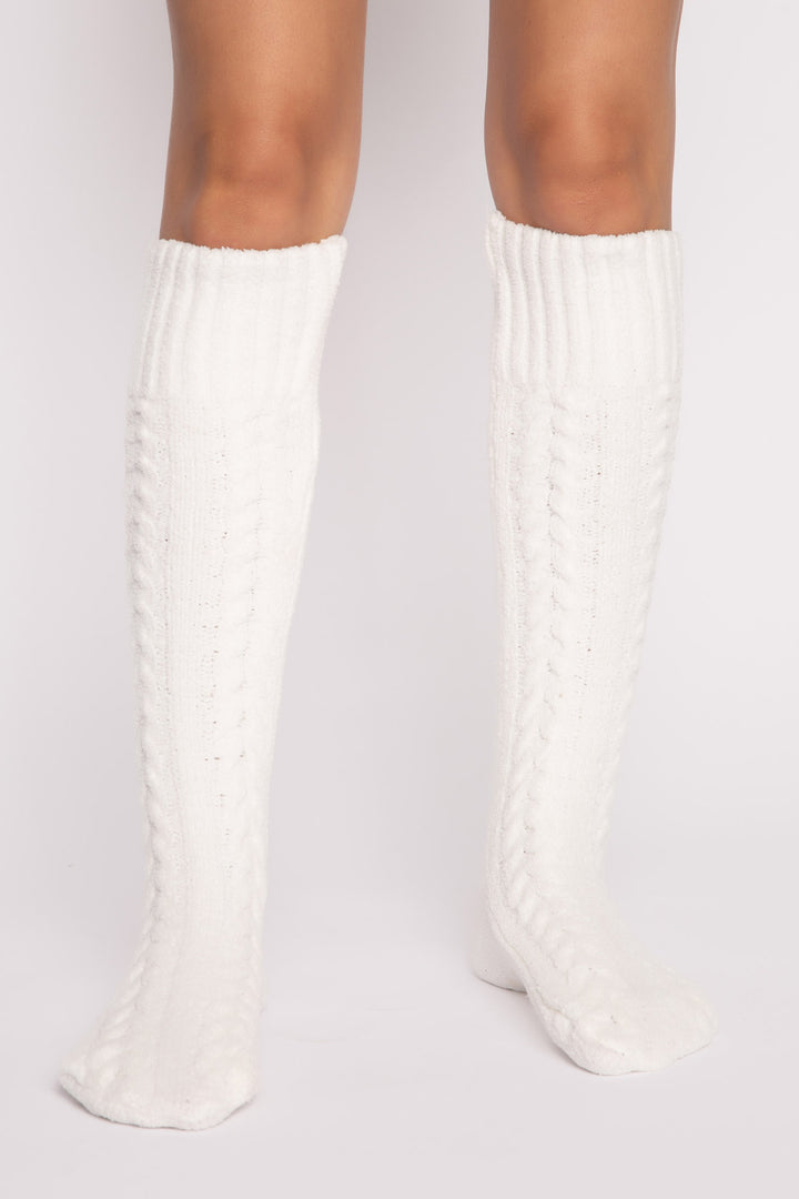 Cozy knee socks in ivory cable-textured chenille with bottom grippers for non-slip feet. (7231865520228)