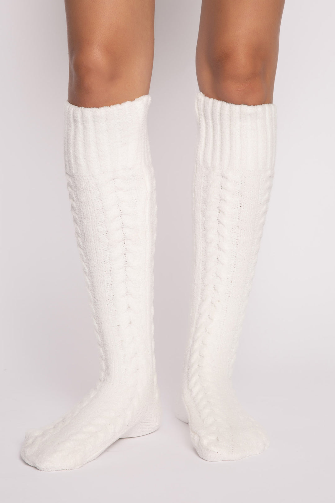 Cozy knee socks in ivory cable-textured chenille with bottom grippers for non-slip feet. (7231865520228)