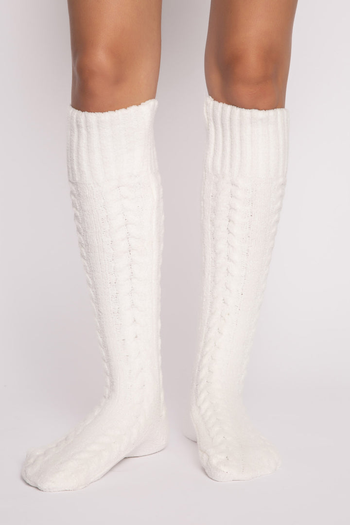 Cozy knee socks in ivory cable-textured chenille with bottom grippers for non-slip feet. (7231865520228)