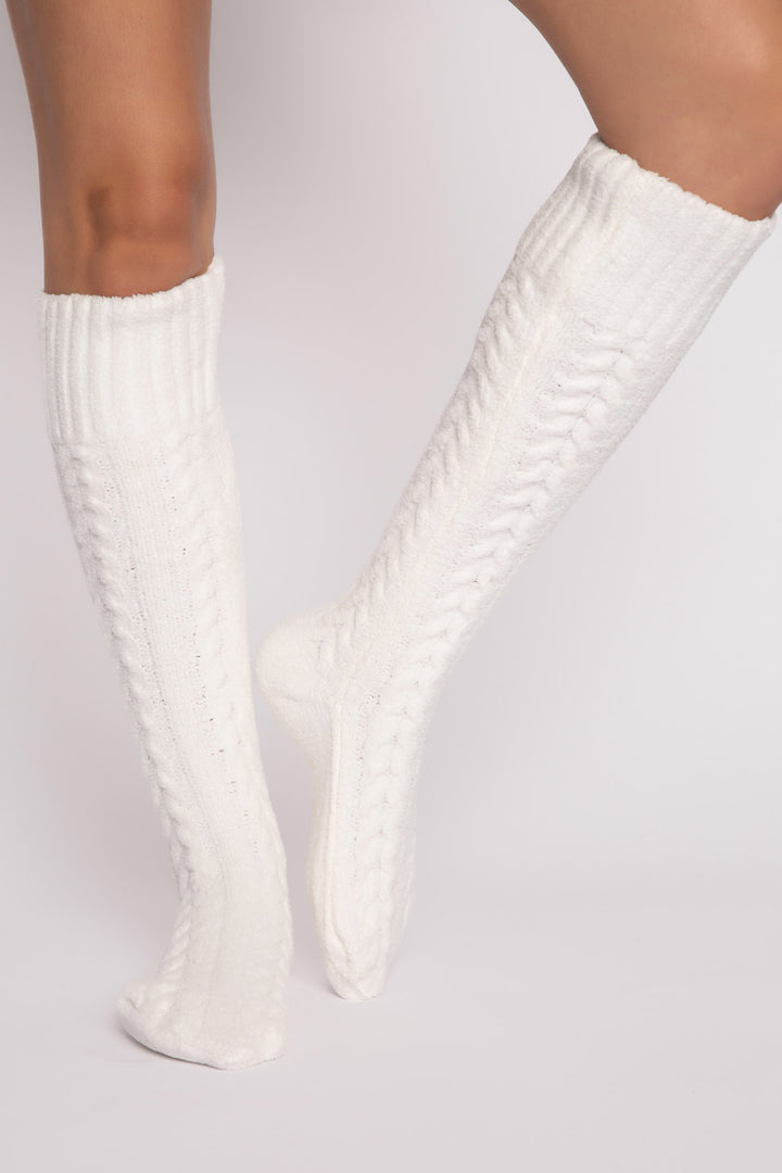 Cozy knee socks in ivory cable-textured chenille with bottom grippers for non-slip feet. (7231865520228)