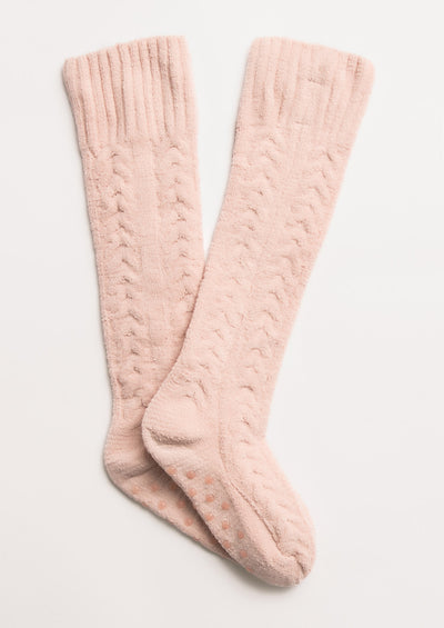 Cozy knee socks in pink cable-textured chenille with bottom grippers for non-slip feet. (7231865552996)