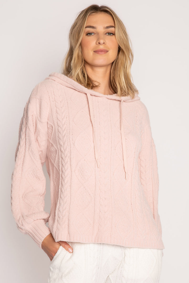 Pink cable-textured chenille hooded sweater top with open hem & rib cuffs. (7231865749604)