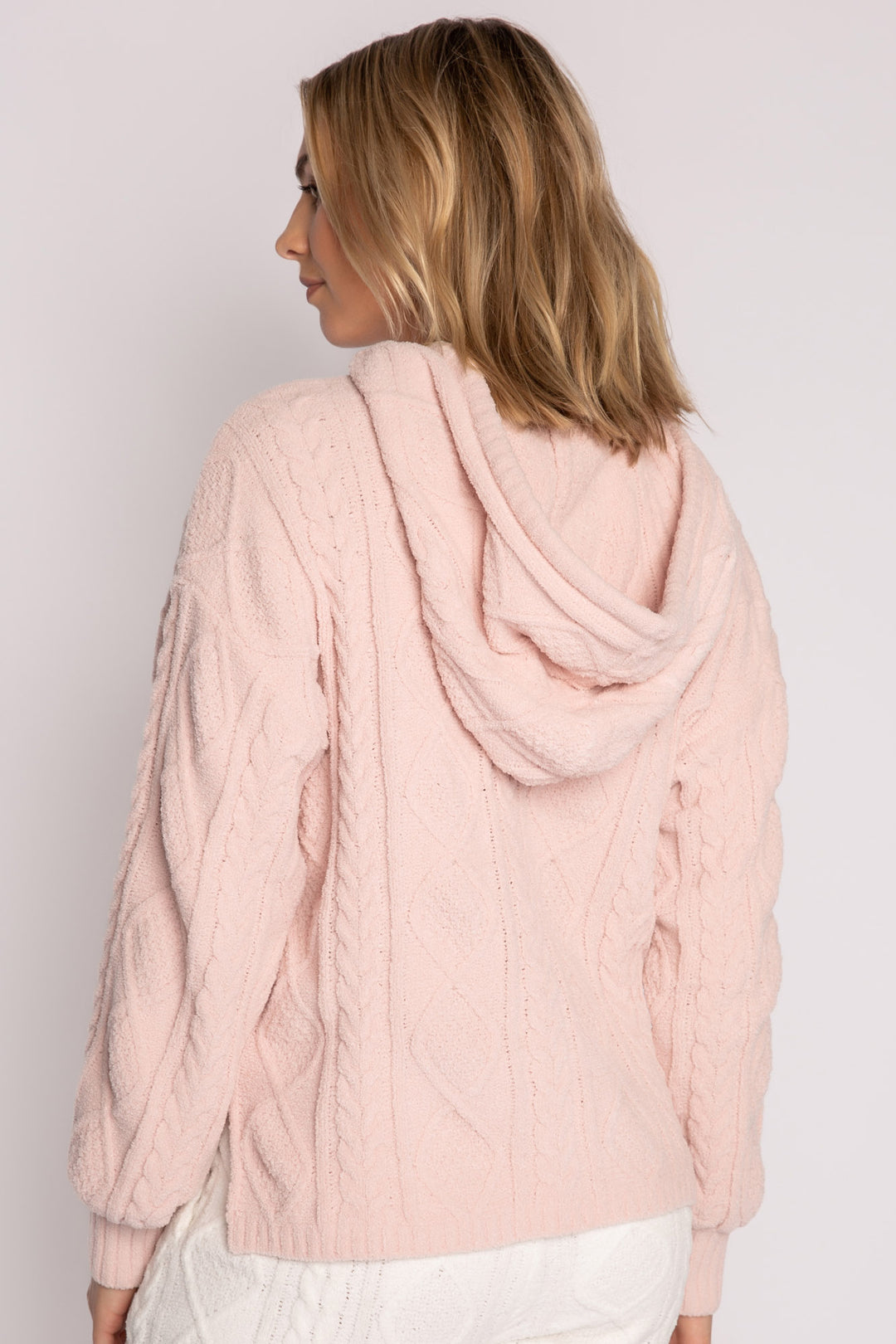 Pink cable-textured chenille hooded sweater top with open hem & rib cuffs. (7231865749604)