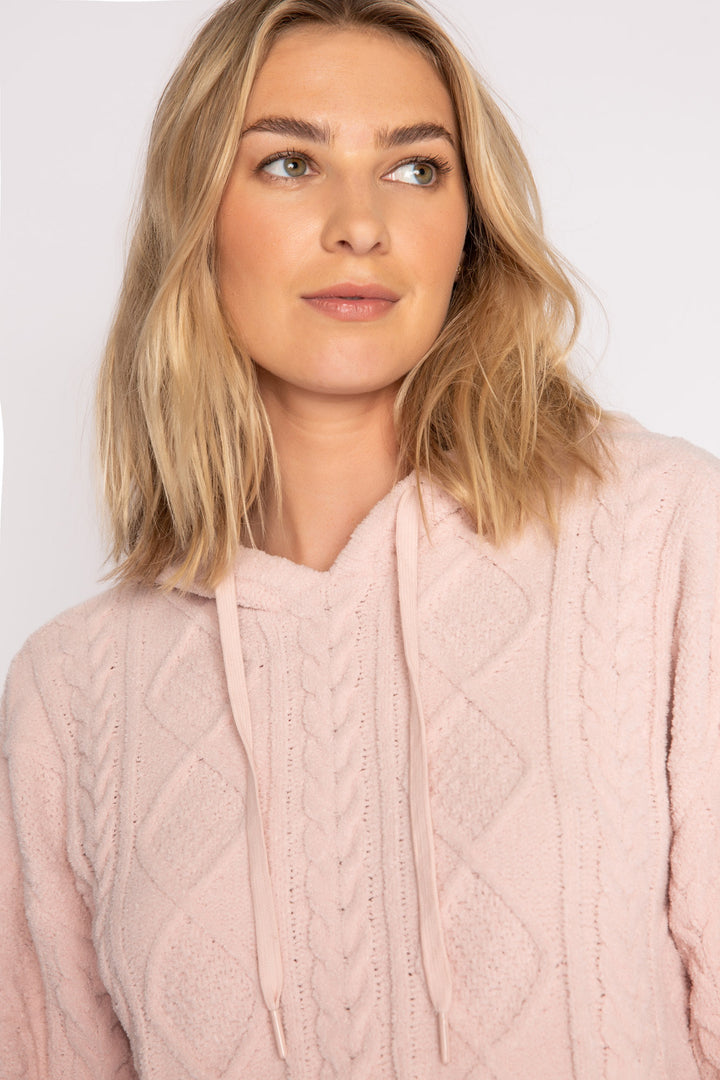 Pink cable-textured chenille hooded sweater top with open hem & rib cuffs. (7231865749604)