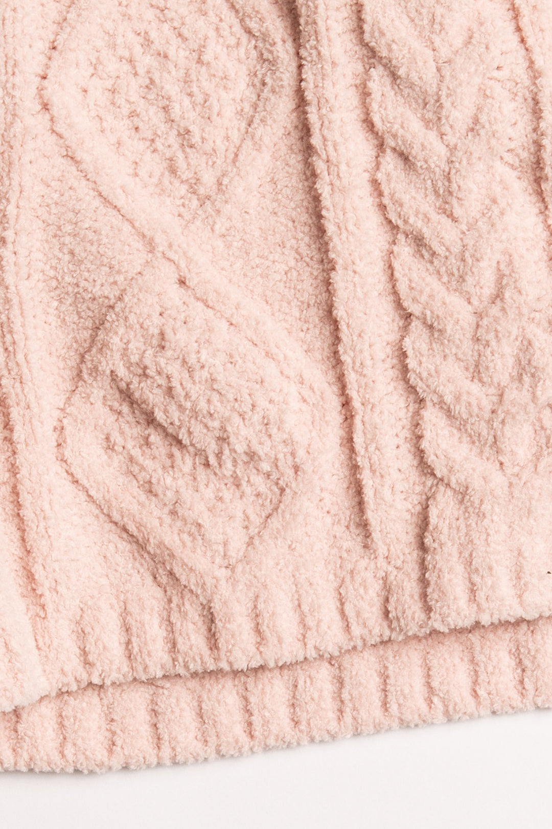 Pink cable-textured chenille hooded sweater top with open hem & rib cuffs. (7231865749604)