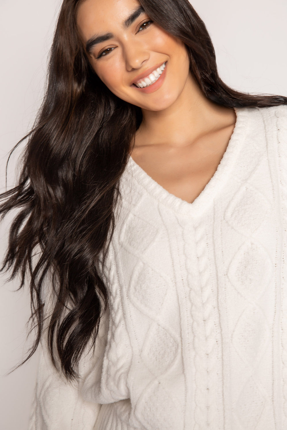 V-neck sweater in ivory cable-textured chenille with rib hem & cuffs. (7231865847908)