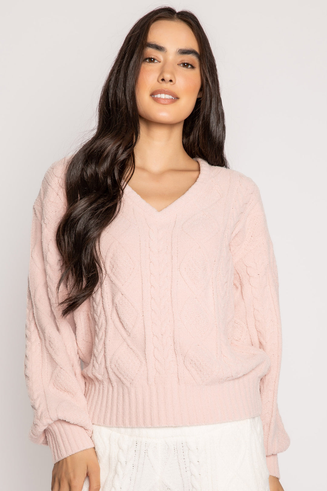 V-neck sweater in pink cable-textured chenille with rib hem & cuffs. (7231865946212)