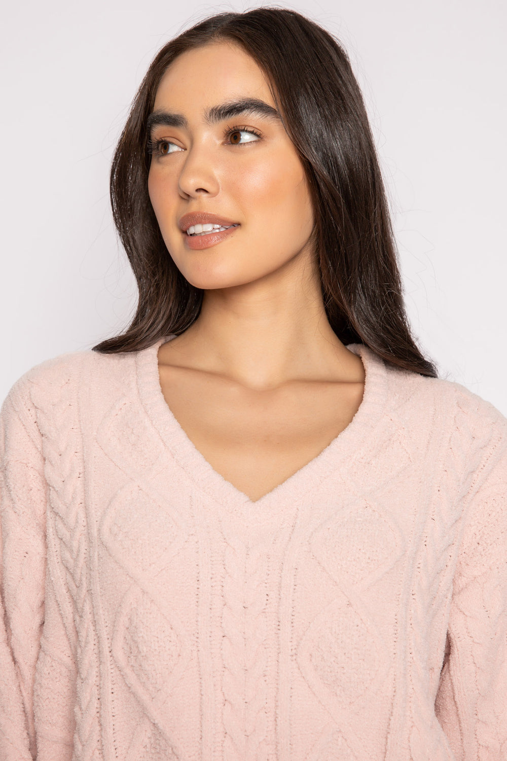 V-neck sweater in pink cable-textured chenille with rib hem & cuffs. (7231865946212)