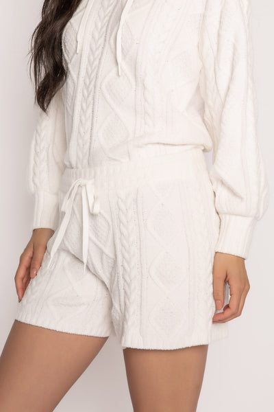 Sweater short ivory cable-textured chenille with tie waist & side pockets (7231866175588)