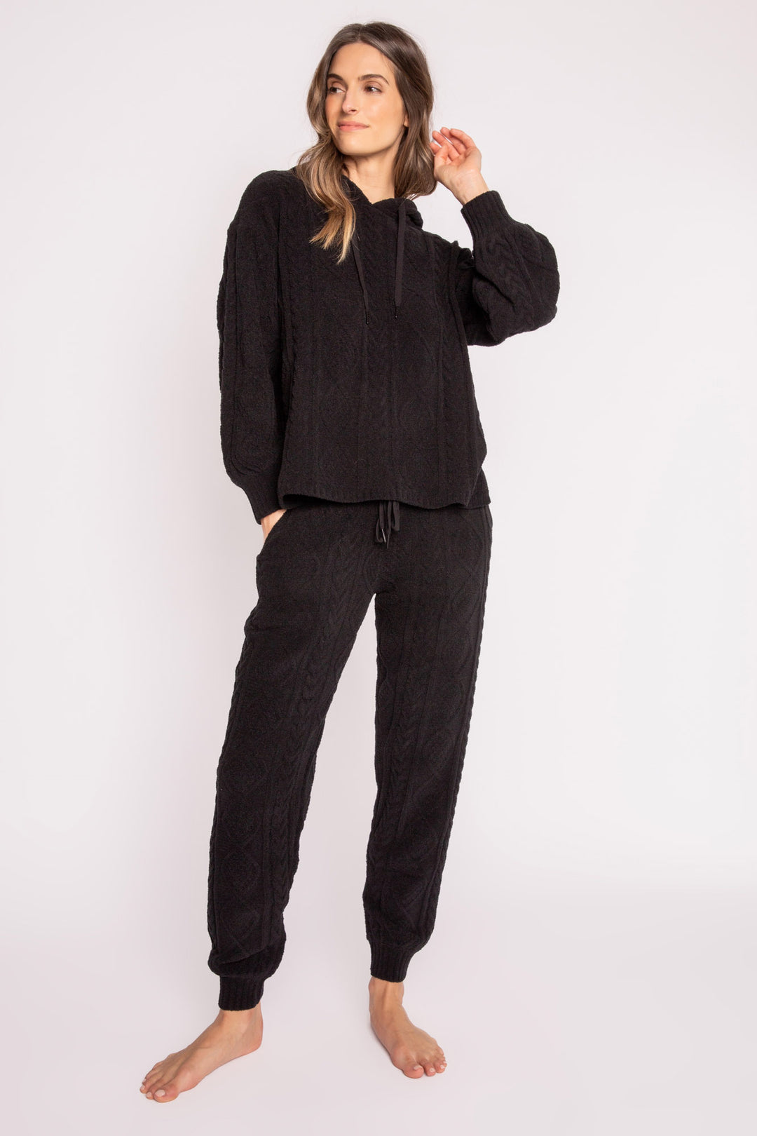 Matching jogger sweater set in black cable-textured chenille. Hooded top & jogger pant with pockets. (7231866273892)