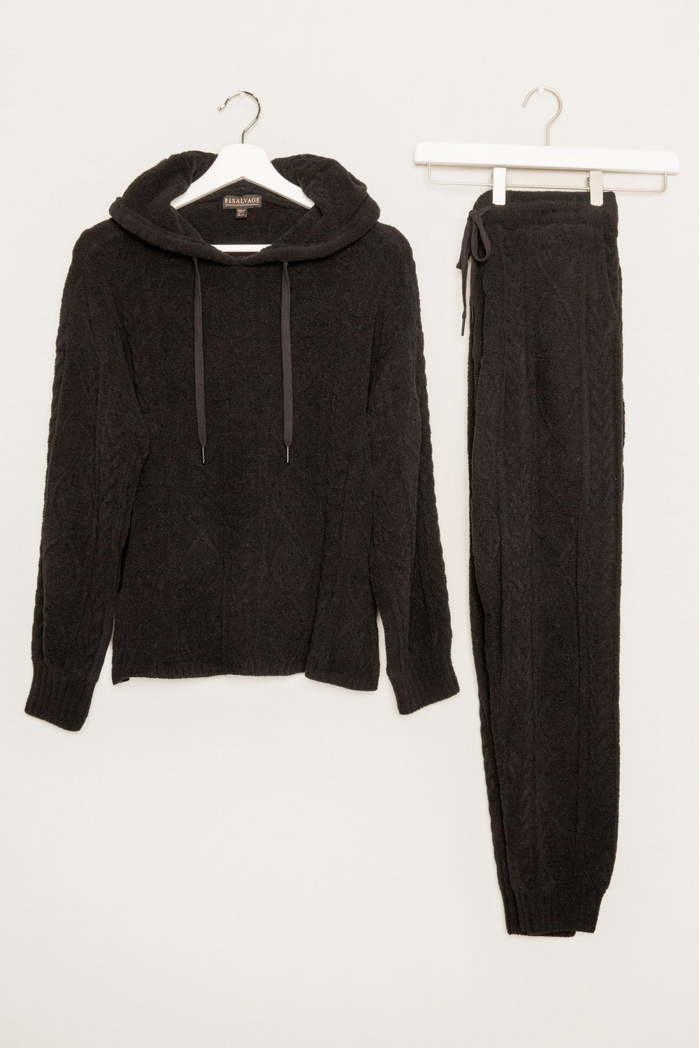 Matching jogger sweater set in black cable-textured chenille. Hooded top & jogger pant with pockets. (7231866273892)