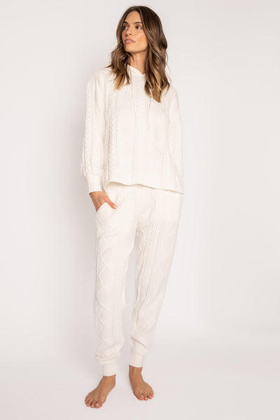 Matching jogger sweater set in ivory cable-textured chenille. Hooded top & jogger pant with pockets. (7231866306660)