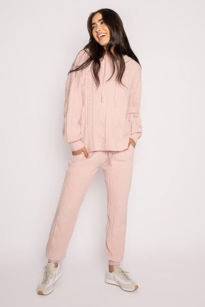 Matching jogger sweater set in pink cable-textured chenille. Hooded top & jogger pant with pockets. (7231866372196)