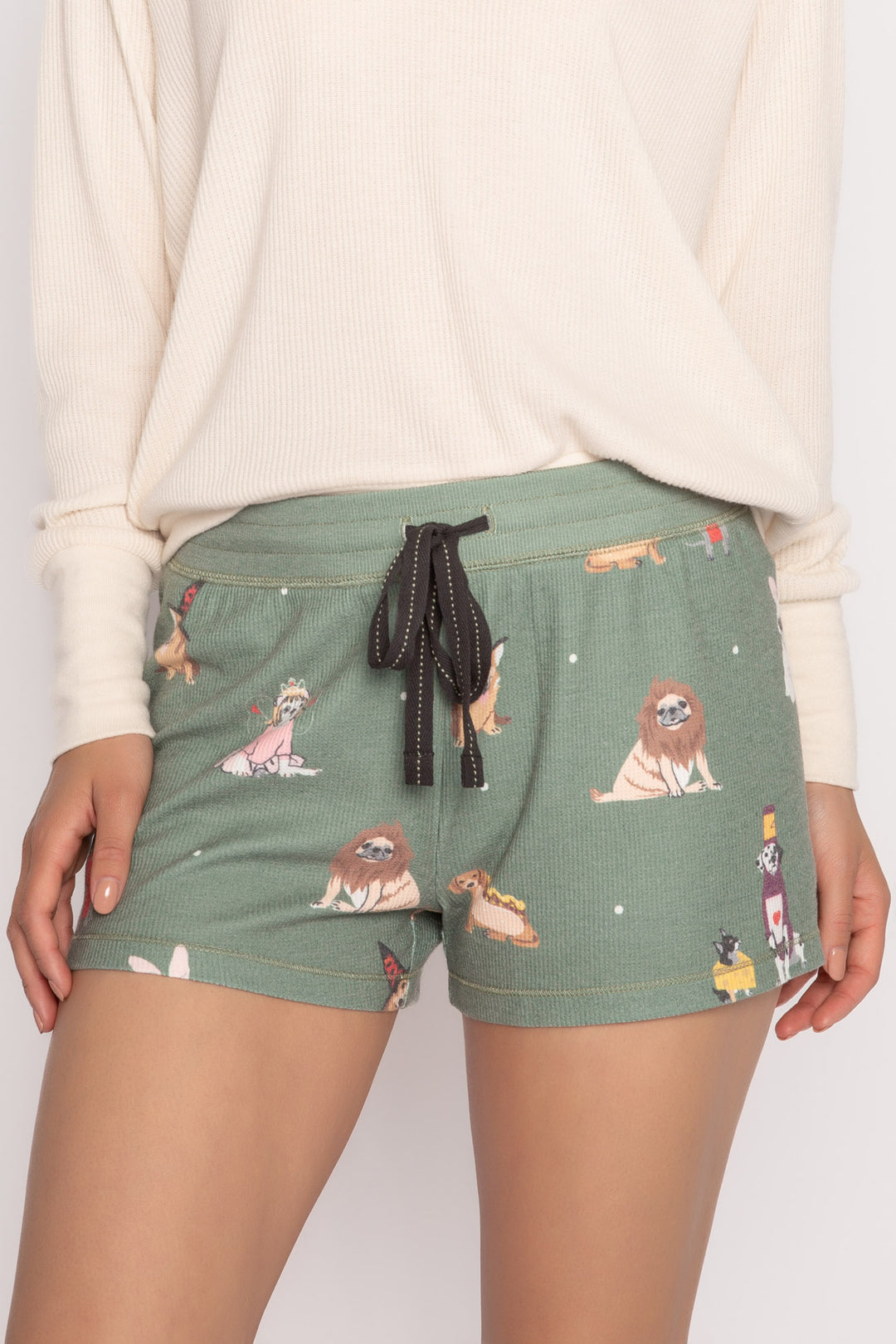 Olive brushed thermal sleep short, printed with fun multi-breed dogs in costumes. (7231867224164)