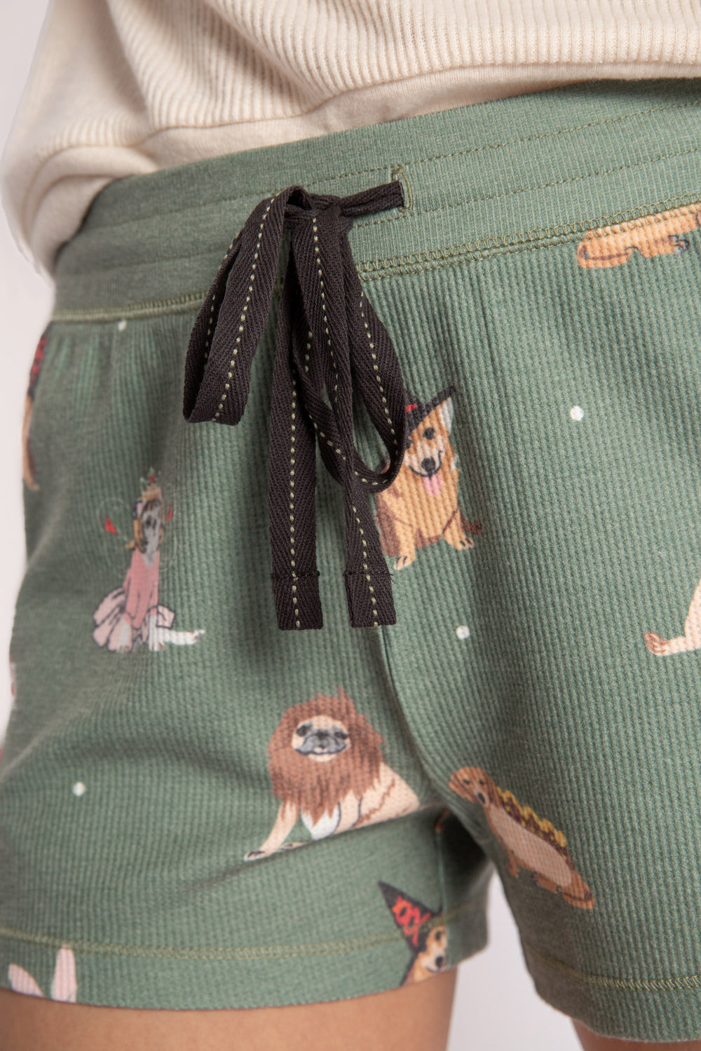 Olive brushed thermal sleep short, printed with fun multi-breed dogs in costumes. (7231867224164)