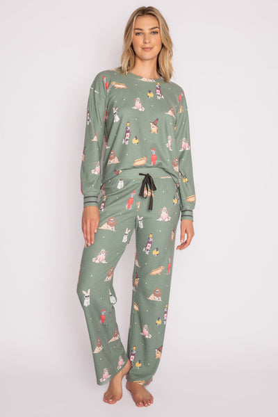 Pajama set in olive brushed thermal, printed with fun multi-breed dogs in costumes. (7231867289700)